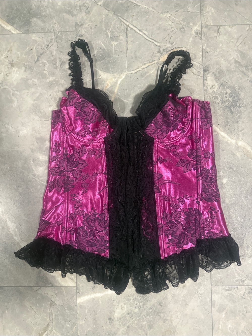 Fuchsia Satin Lace-Trim Corset Top